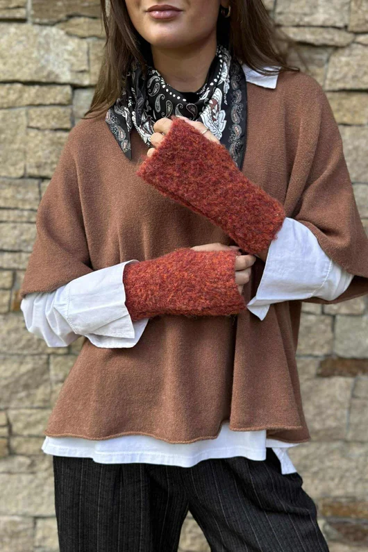 Boucle Fingerless Gloves Rust Melange